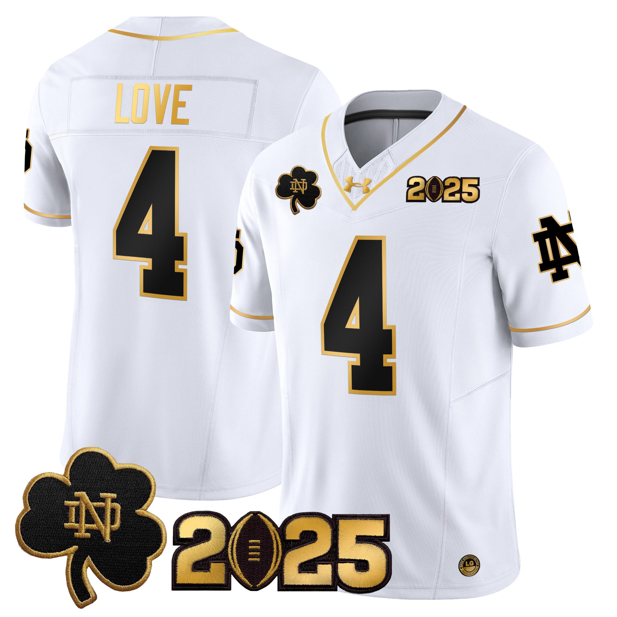 Men Notre Dame Fighting Irish #4 Love White 2025 CFP Final Patch Gold Vapor Limited NCAA Jersey